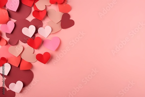Mother's Day concept. Top view photo of pink and red origami paper hearts on isolated pastel pink background with blank space, Generative AI