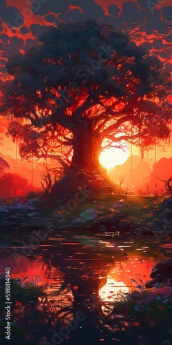 sunset over the old oak tree