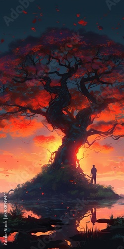 fire sunset over old oak tree