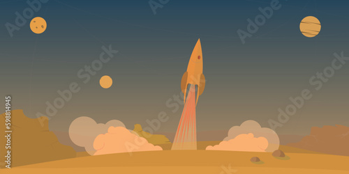 Fototapeta Naklejka Na Ścianę i Meble -  Mars colonization background with rocket launch flat vector illustration