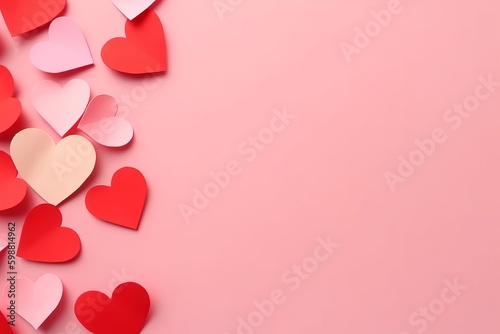 Mother's Day concept. Top view photo of pink and red origami paper hearts on isolated pastel pink background with blank space, Generative AI