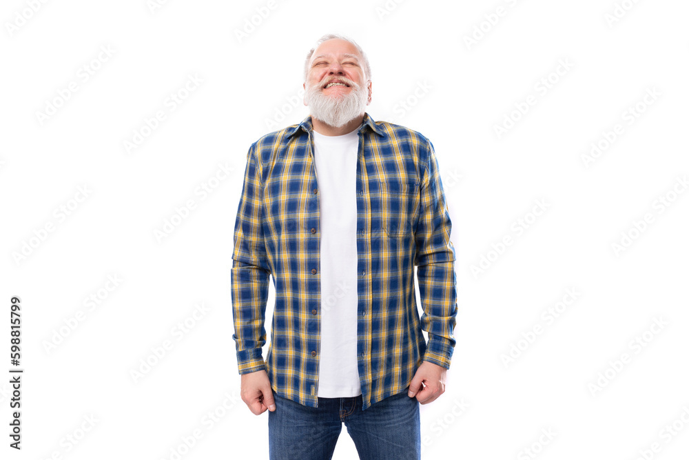 handsome 50s elderly gray-haired man with a beard on a white background