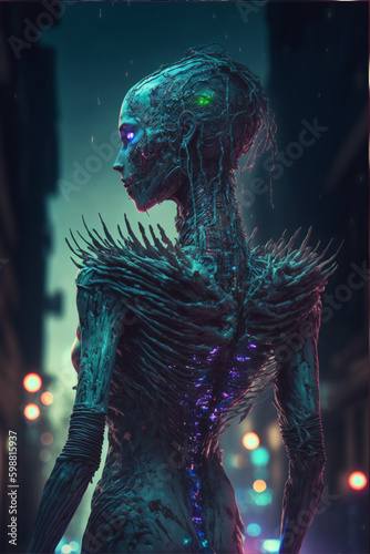 Female Alien spikes armor monster cyborg from the multiverse, neon metaverse halloween fantasy, AI generated, beautiful night © Muhammad
