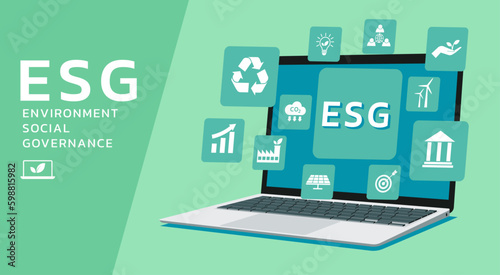 ESG banner web on laptop concept with icon for business and organization, Environment, Social, Governance, and corporate sustainability performance, vector flat illustration