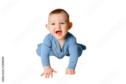 Happy toddler baby plays laughing, isolated on a white background. Funny child boy crawling and smiling, copy space