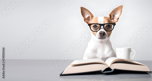 Chihuahua puppy with eyeglasses and opened book. © ZayNyi