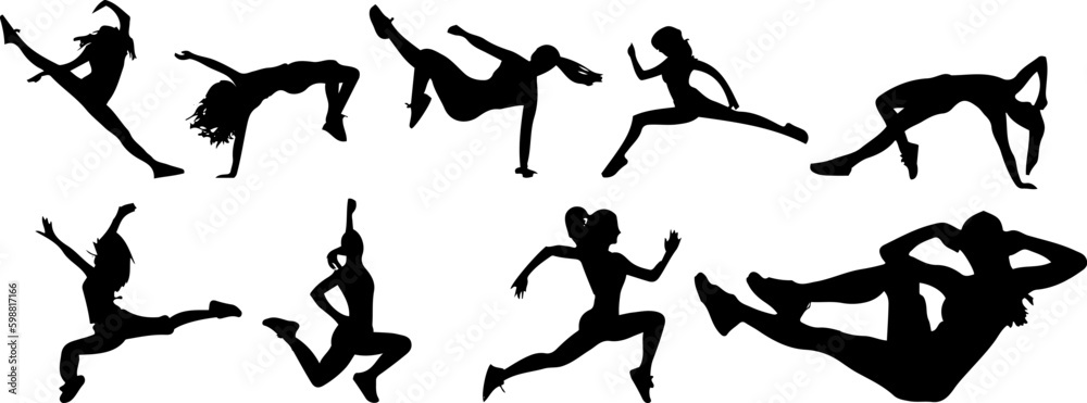 Super fit woman model in different pose silhouette collection, Posing Fitness Woman Silhouette Illustrations & Vectors