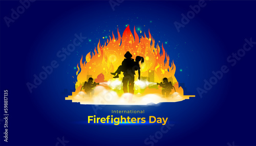 International Firefighters Day. Fire safety concept and background. Firefighter Saving life and extinguishing a fire.