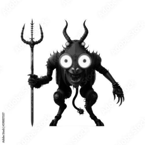 Biomechanical Monster with horns and big yellow eyes and tail holding a trident. Steampunk style.  Vector illustration. Halftone design.