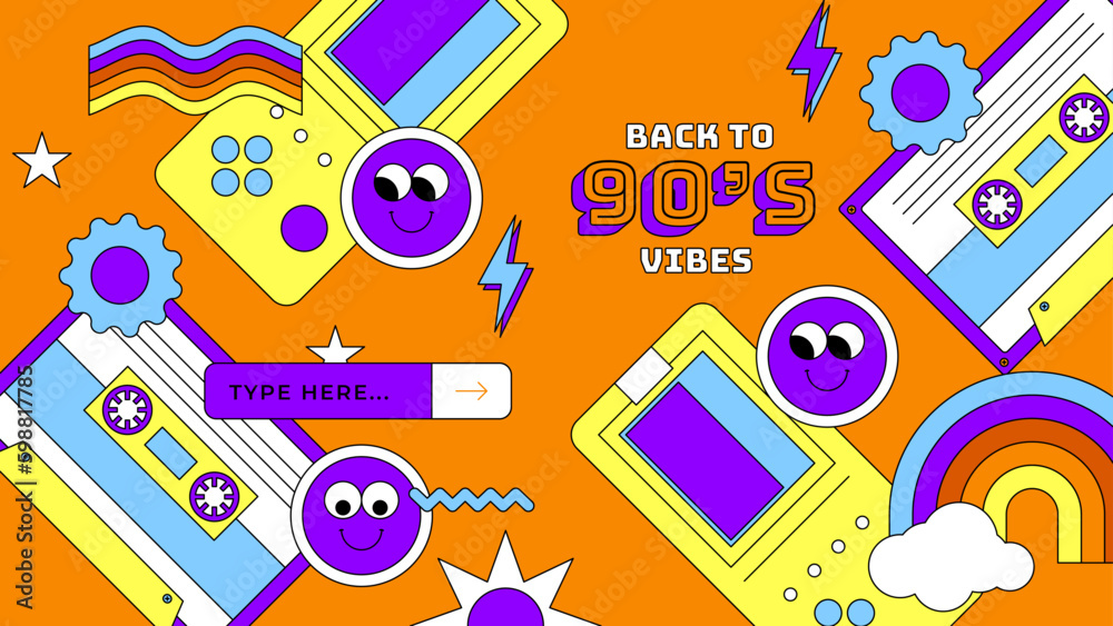 Vector 90s party cartoon background illustration with retro music 1990 and disco in old style design Vector 90s party cartoon background illustration with retro music 1990 and disco in old style design