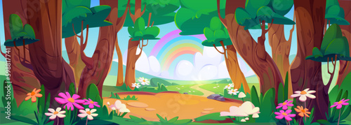Flower field in spring with rainbow in forest cartoon vector landscape. Green grass hill nature valley park with meadow. Beautiful and cute panoramic flora springtime and sunlight banner backdrop