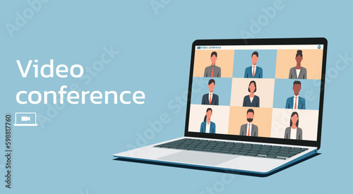 business people connecting together, meeting online with teleconference, video conference remote working on laptop, work from home and anywhere concept, vector flat illustration	