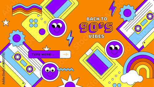 Vector 90s party cartoon background illustration with retro music 1990 and disco in old style design