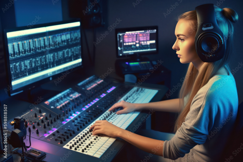 Woman operating an audio mixer, Generative AI Woman operating an audio mixer, Generative AI