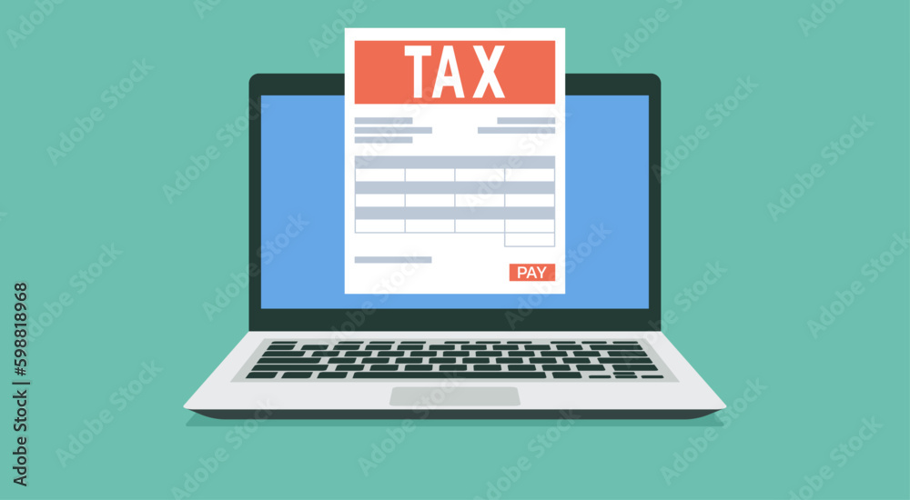 online tax payment concept on computer laptop with electronic receipt or invoice paper document, vector flat illustration online tax payment concept on computer laptop with electronic receipt or invoice paper document, vector flat illustration