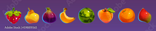 Cartoon set of casino fruit icons isolated on background. Vector illustration of strawberry, pear, fig, banana, watermelon, peach, orange and mango for slot machine, game ui, mobile betting app design