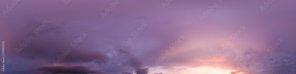 Obraz premium Sunset sky panorama with bright glowing pink Cumulus clouds. HDR 360 seamless spherical panorama. Full zenith or sky dome for 3D visualization, sky replacement for aerial drone panoramas.