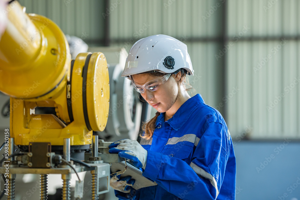 woman engineer in uniform helmet inspection check control heavy machine robot arm construction installation in industrial factory. technician worker check for repair maintenance electronic operation woman engineer in uniform helmet inspection check control heavy machine robot arm construction installation in industrial factory. technician worker check for repair maintenance electronic operation