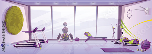 Vector gym room interior with fitness equipment cartoon background. Exercise and workout club design for bodybuilding and training. Athletic activity with treadmill and dumbbell in studio with window