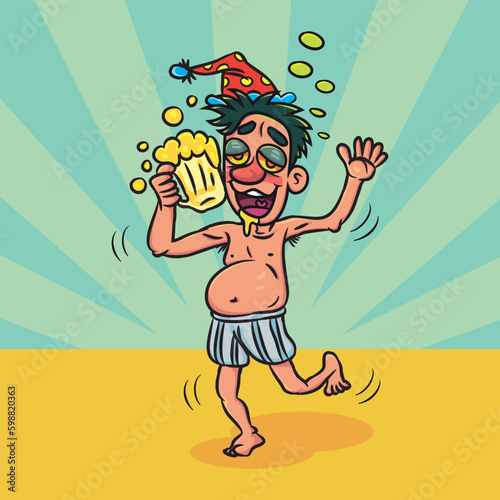 Party funny drunk man holding bottle. vector stock illustration. 
