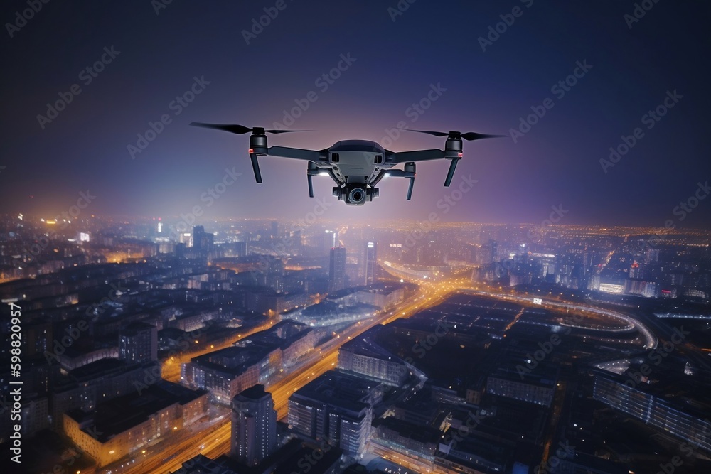 A drone hovering over the city A drone hovering over the city