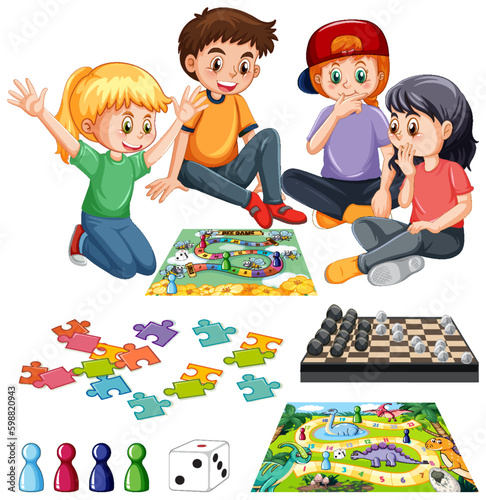 Set of children and board game