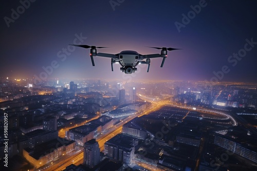 A drone hovering over the city