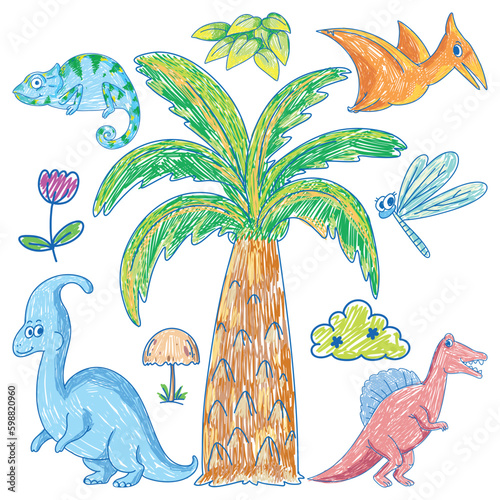 Set of dinosaur scribble style