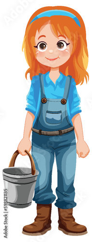 Cute gardener cartoon character with bucket
