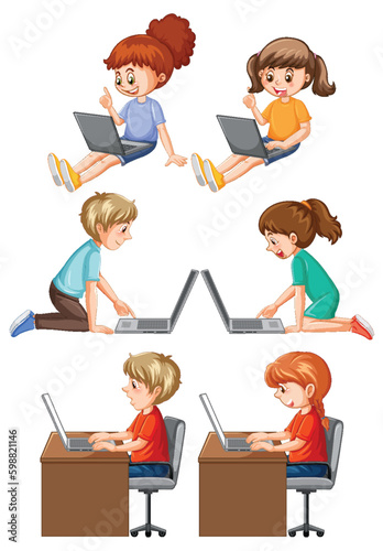 Set of children with computer