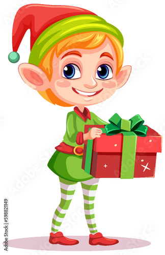 Elf girl cartoon Christmas character holding gift