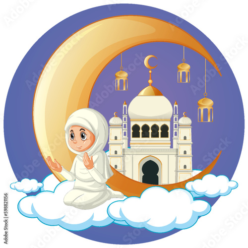 Arab Muslim Girl Praying with Crescent Moon