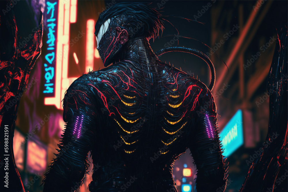 armored space Alien monster cyborg multiverse, metaverse halloween fantasy, AI generated, beautiful dark city