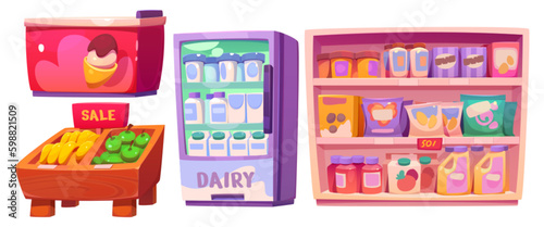 Fototapeta Naklejka Na Ścianę i Meble -  Grocery store shelf interior vector cartoon set. Isolated market shelf with dairy and product assortment on full rack. Indoor icecream refrigerator design. Fruit on sale display to buy with discount