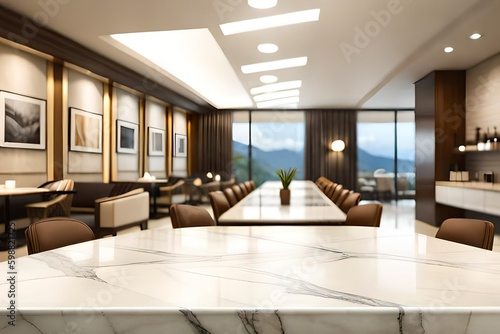 Marble table blurred background of luxury restaurant room with bokeh for product display promotional concepts © indofootage