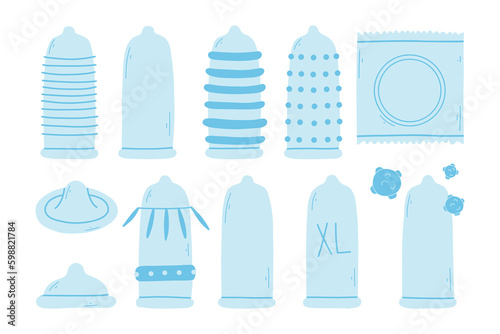 Set of condoms in flat style. Vector illustration. Collection of different types of condoms. Hand drawn style. Type of contraception.