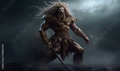 Strong Spartan Soldier Lion Headed with Armor Weapon Ready to War Fight in Thunderstorm