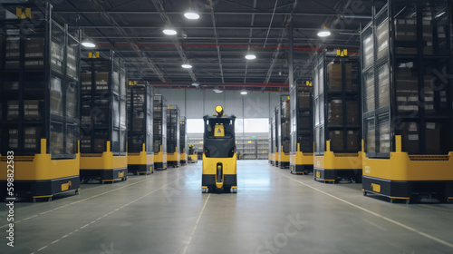 Forklifts for moving items in a modern warehouse. Generative AI