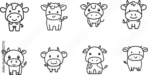 Line art cute cows vectors set of 6 