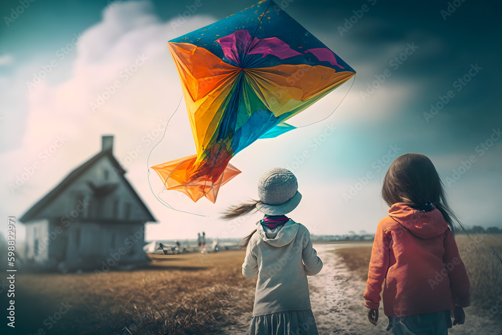 Several children fly a kite in a field in the wind. Generative AI