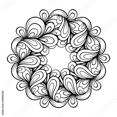 Black and white abstract doodle wreath mandala pattern. Antistress coloring page.