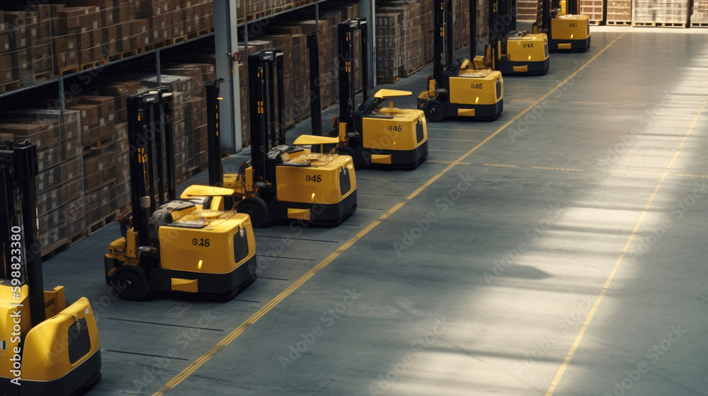 Forklifts for moving items in a modern warehouse. Generative AI