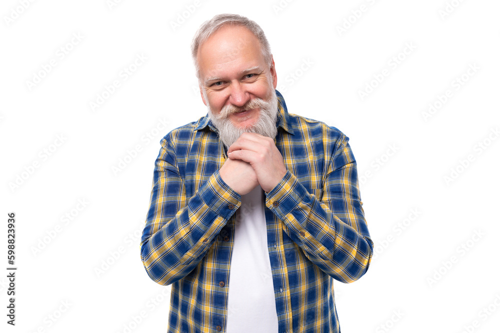 portrait of a kind retired handsome 60s middle-aged gray-haired man with a beard in a shirt on a white background portrait of a kind retired handsome 60s middle-aged gray-haired man with a beard in a shirt on a white background