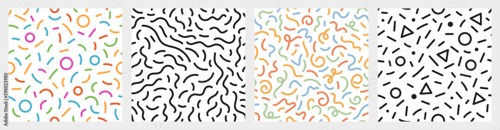 Squiggle seamless patterns set. Color and black hand drawn lines, geometric shapes, wavy texture, simple abstract artistic print. 90s backdrop. Vector illustration. Squiggle seamless patterns set. Color and black hand drawn lines, geometric shapes, wavy texture, simple abstract artistic print. 90s backdrop. Vector illustration.