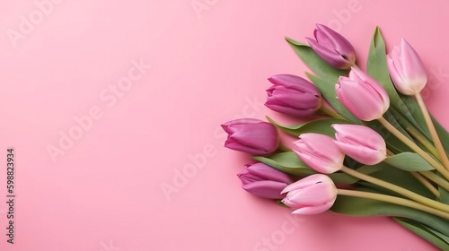 Beautiful composition spring flowers. Bouquet of pink tulips flowers on pastel pink background. Valentine s Day  Easter  Birthday  Happy Women s Day  Mother s Day. Flat lay  Generative Ai