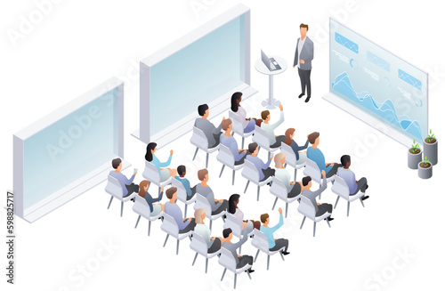 Business presentation, speech. Teamwork presentation conference coworking workplace brainstorming and discussion isolated. International public conference Indicators and coaching. Vector isometric, 3d
