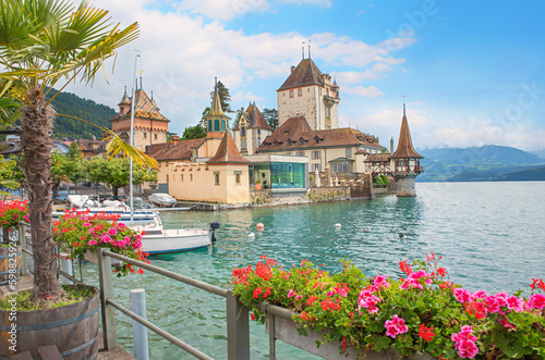 pictorial castle Oberhofen, lakeside promenade with palm tree and flowers, switzerland photo