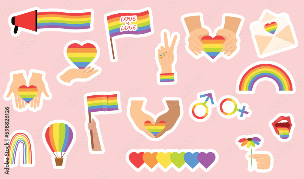 Collection of LBGTQ stickers. Set of clip art rainbow pride symbols. LGBT rights symbol. Isolated. Vector illustration