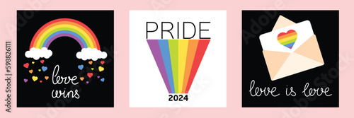 Collection of Banners Template with LGBTQ symbols. Social media post, stories, poster template with LGBT rainbow flag. Collection of Cards for pride month celebration. Gay parade. 