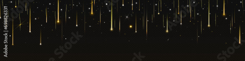 Golden star rain fall on transparent vector background. Abstract comet or meteorite rain in sky with sparkle and dust. Galaxy glitter glow falling with trail effect frame. White stardust border